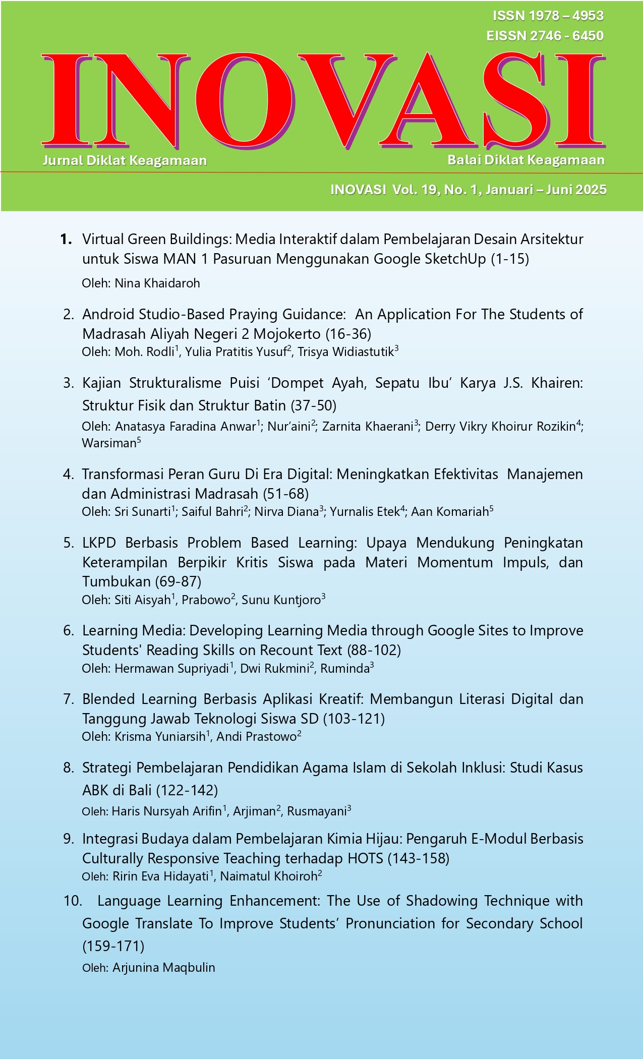 					View Vol. 19 No. 1 (2025): Inovasi: Jurnal Diklat Keagamaan
				